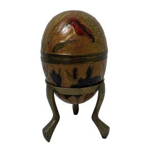 Vintage Brass Enamel Egg Cloisonne Trinket Box With Stand Hummingbird Flowers
